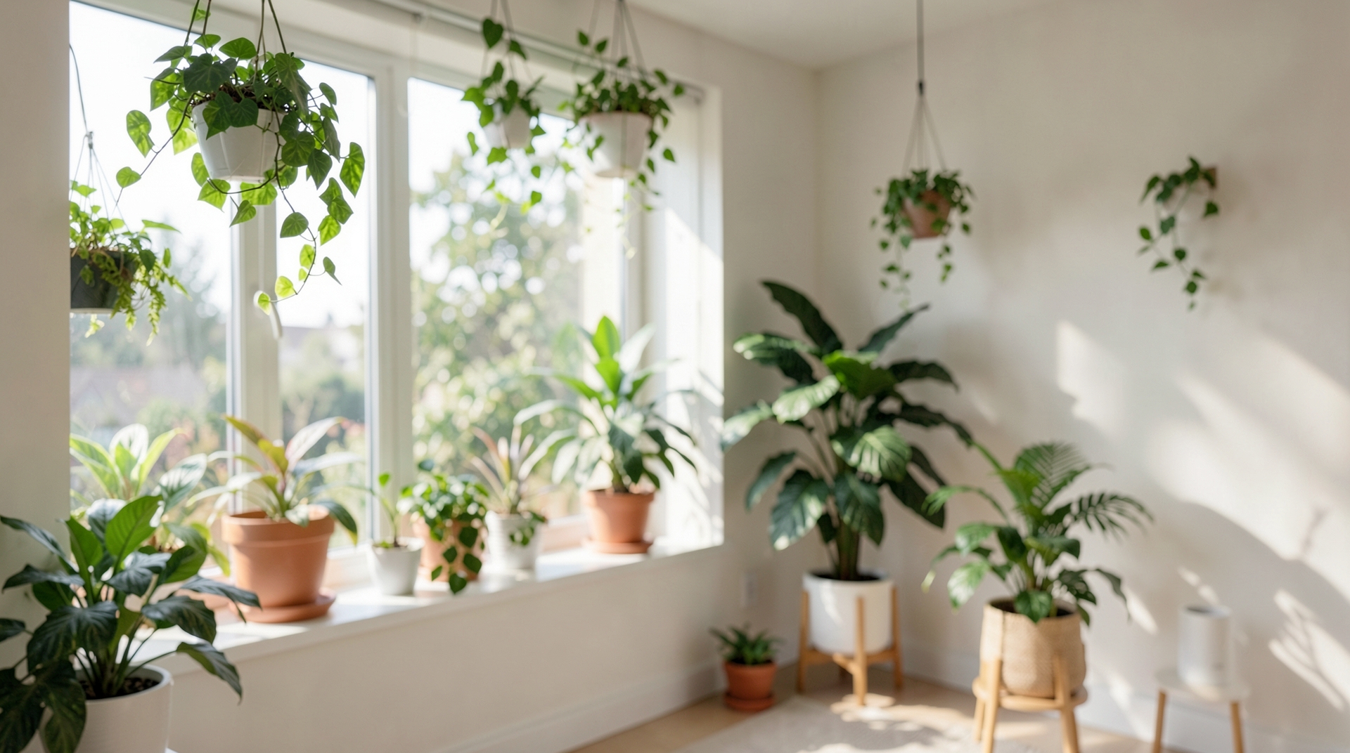A sunlit sunroom with lush green plants and natural light.