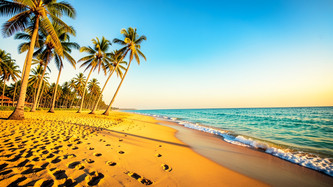Sunny beach with palm trees