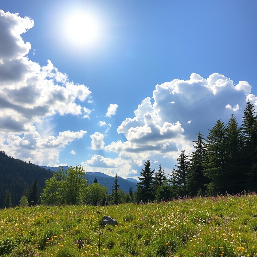 A peaceful mountain meadow scene with wildflowers and evergreens on a sunny day.