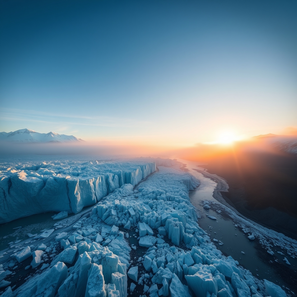 Panoramic view of a glacier with blue ice, sunny day, wide composition.