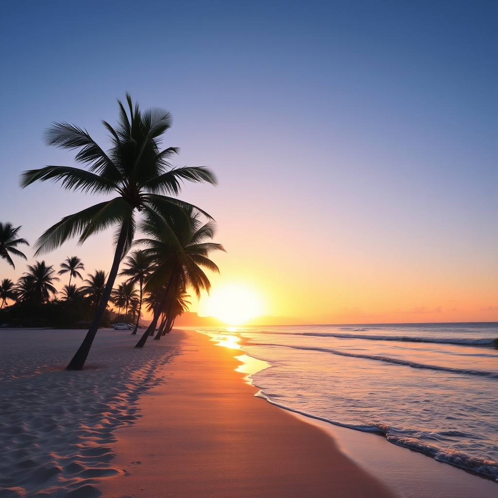 Sunset Beach with Palm Trees Silhouetted