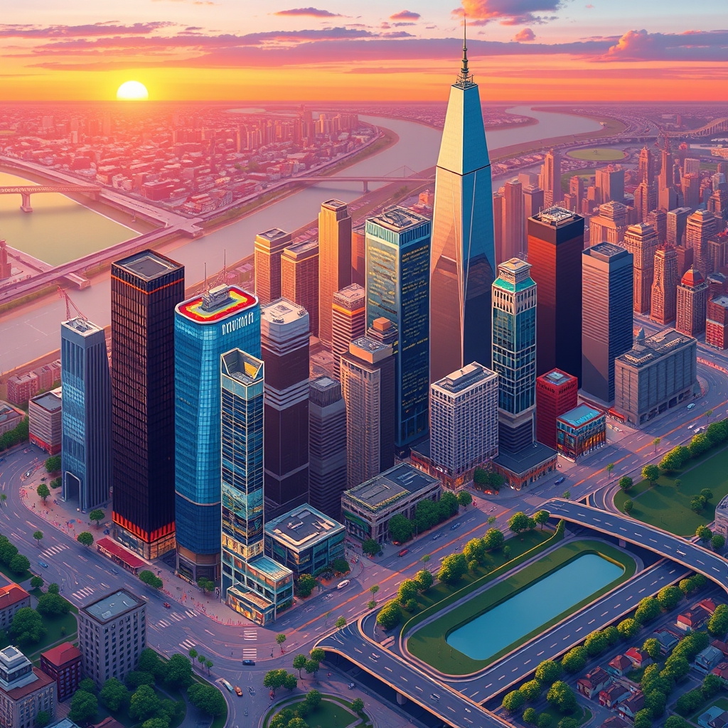 A colorful isometric cityscape with skyscrapers and a park at sunset.