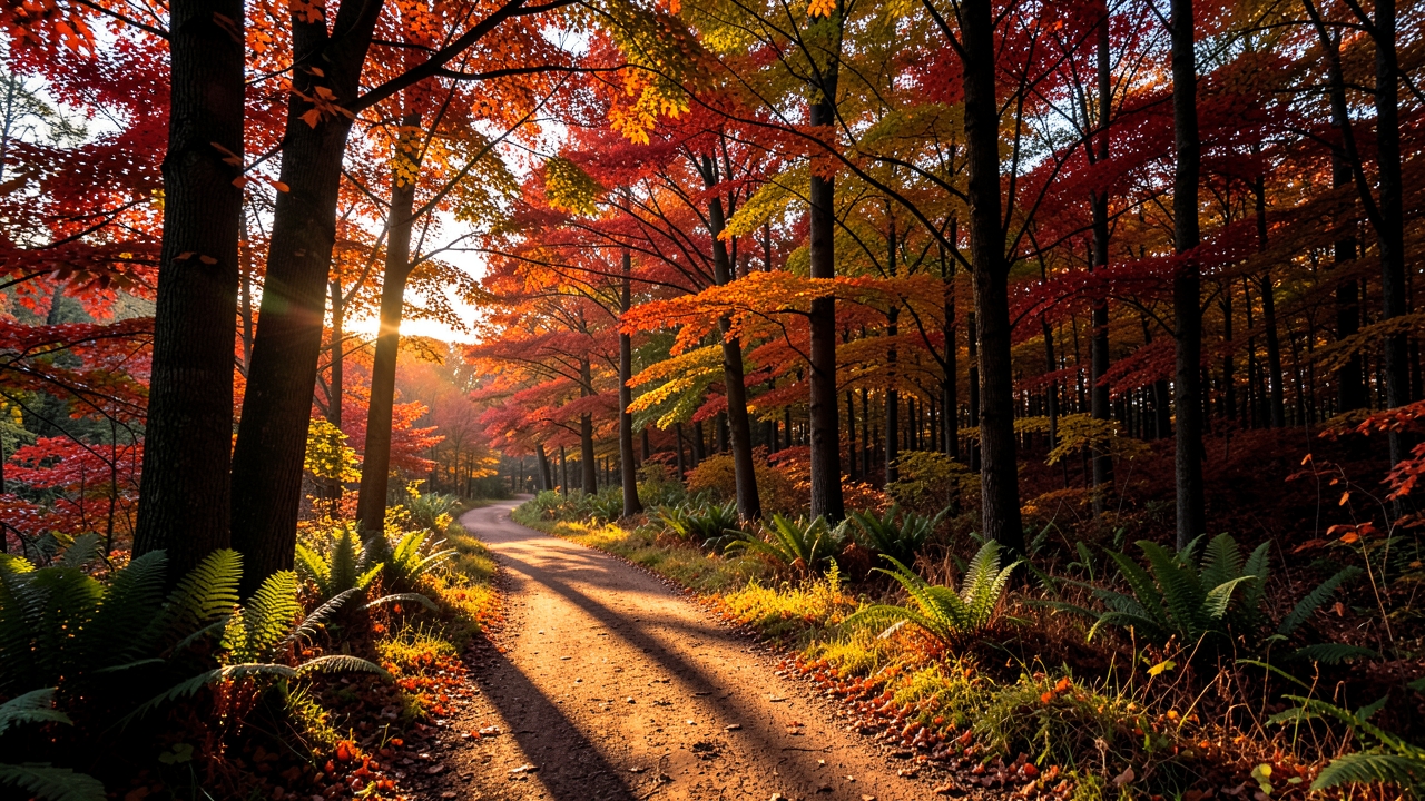 A peaceful forest trail at sunset, with vibrant foliage and dramatic lighting.