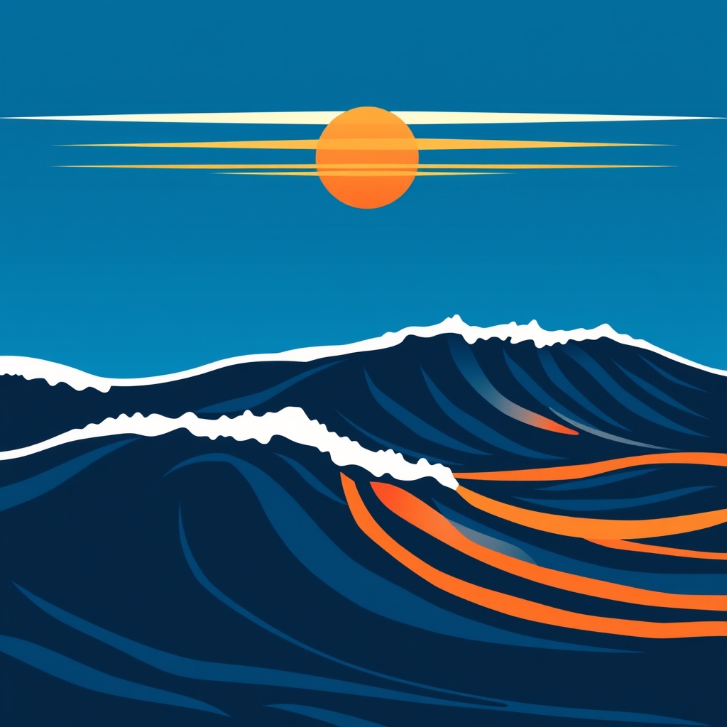 Stylized ocean waves at sunset with warm colors.