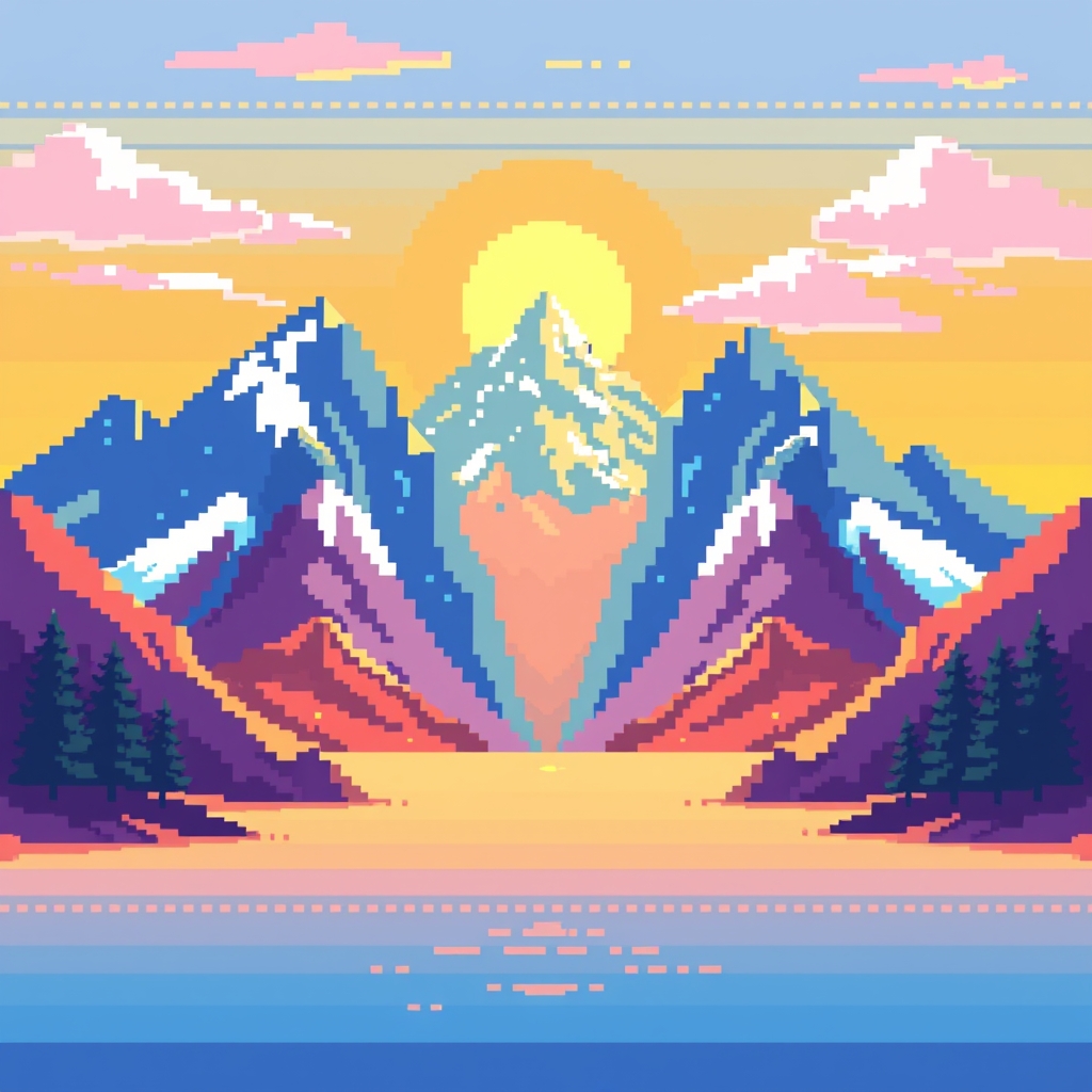 Pixel Art Mountain Range at Sunset with Bright Yellow Sun