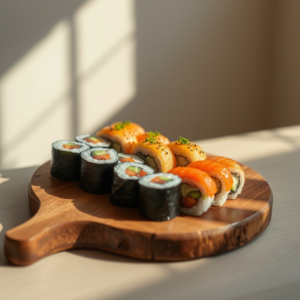 A sushi platter with various rolls and pieces on a wooden board, illuminated by natural light, creating a warm and inviting atmosphere.