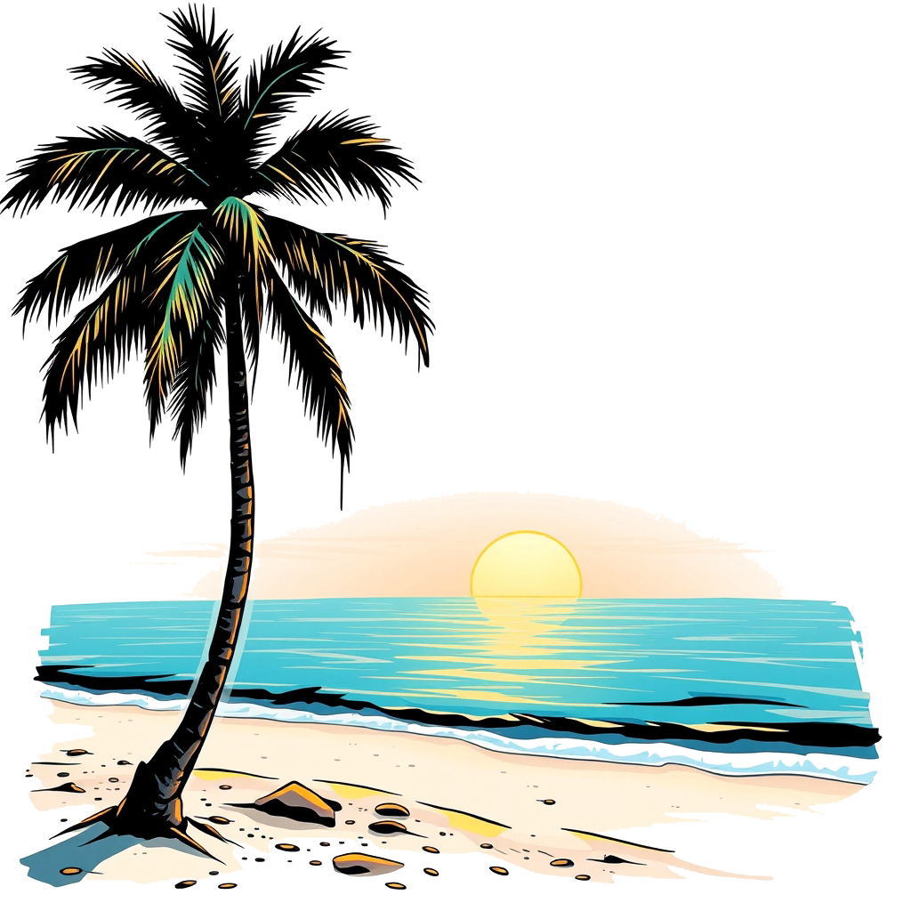 Tall palm tree on a sunny beach with clear blue sky