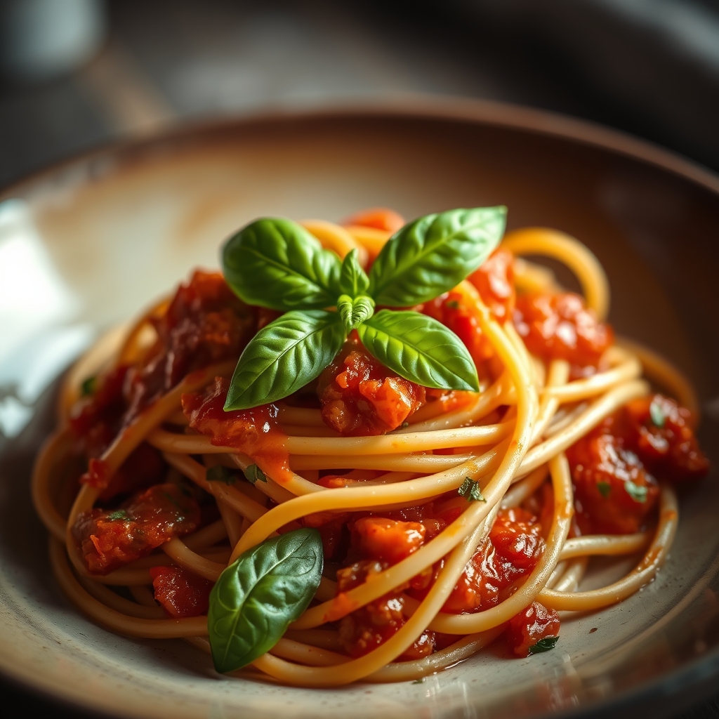 A close-up image of a delicious pasta dish with tomato sauce and basil.