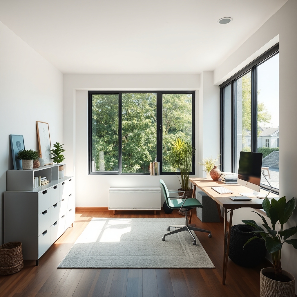 A tidy home office with a desk by a large window and natural light.
