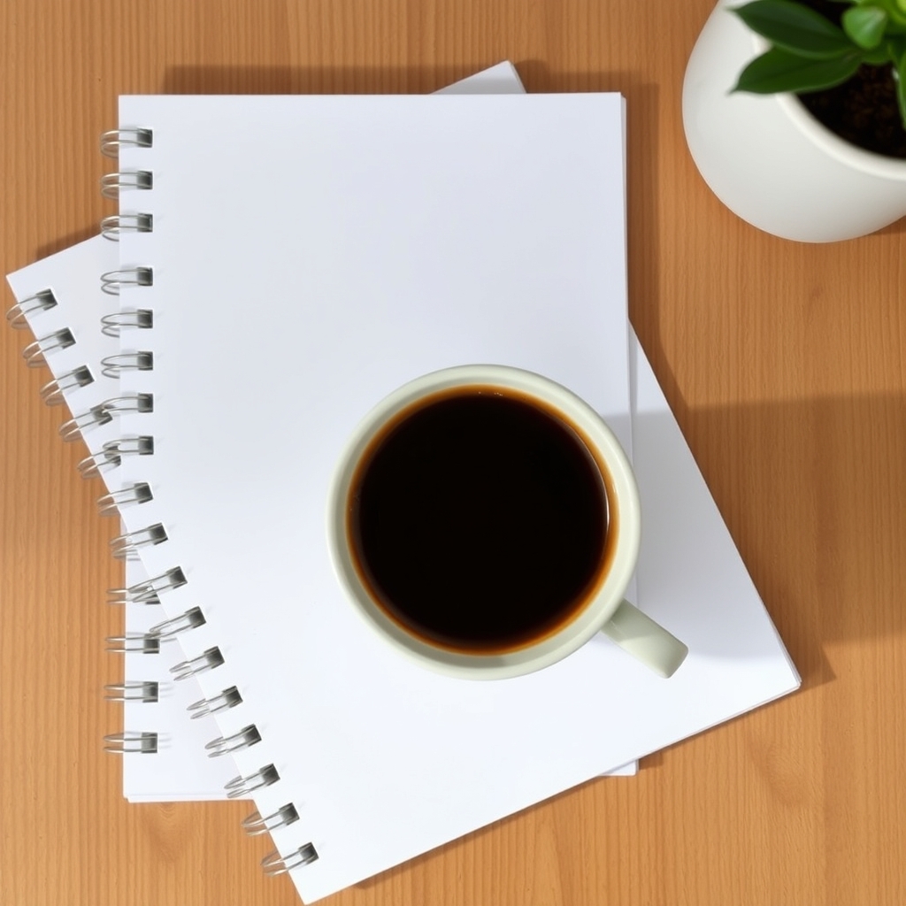 木製のデスクの上にあるコーヒーカップとノートの俯瞰図。
