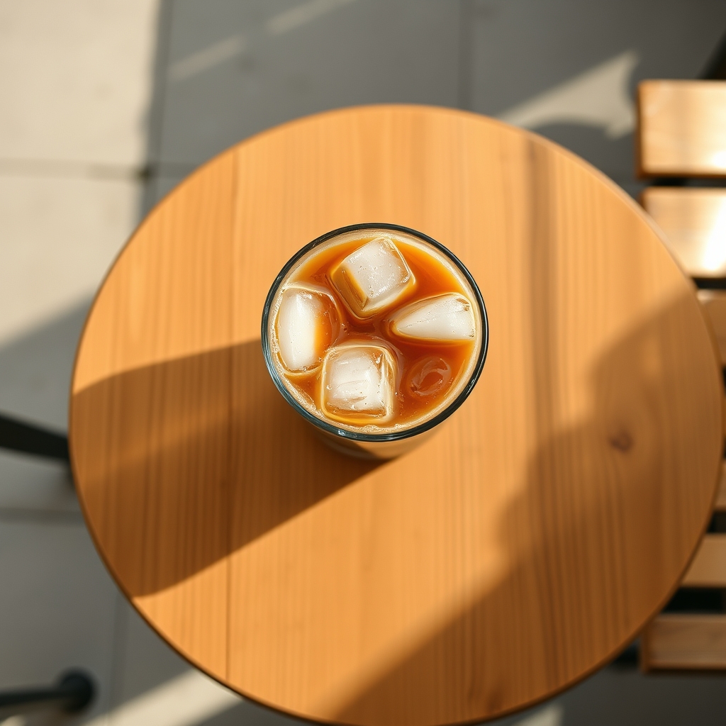 A glass of iced coffee on a small wooden cafe table, viewed from directly above