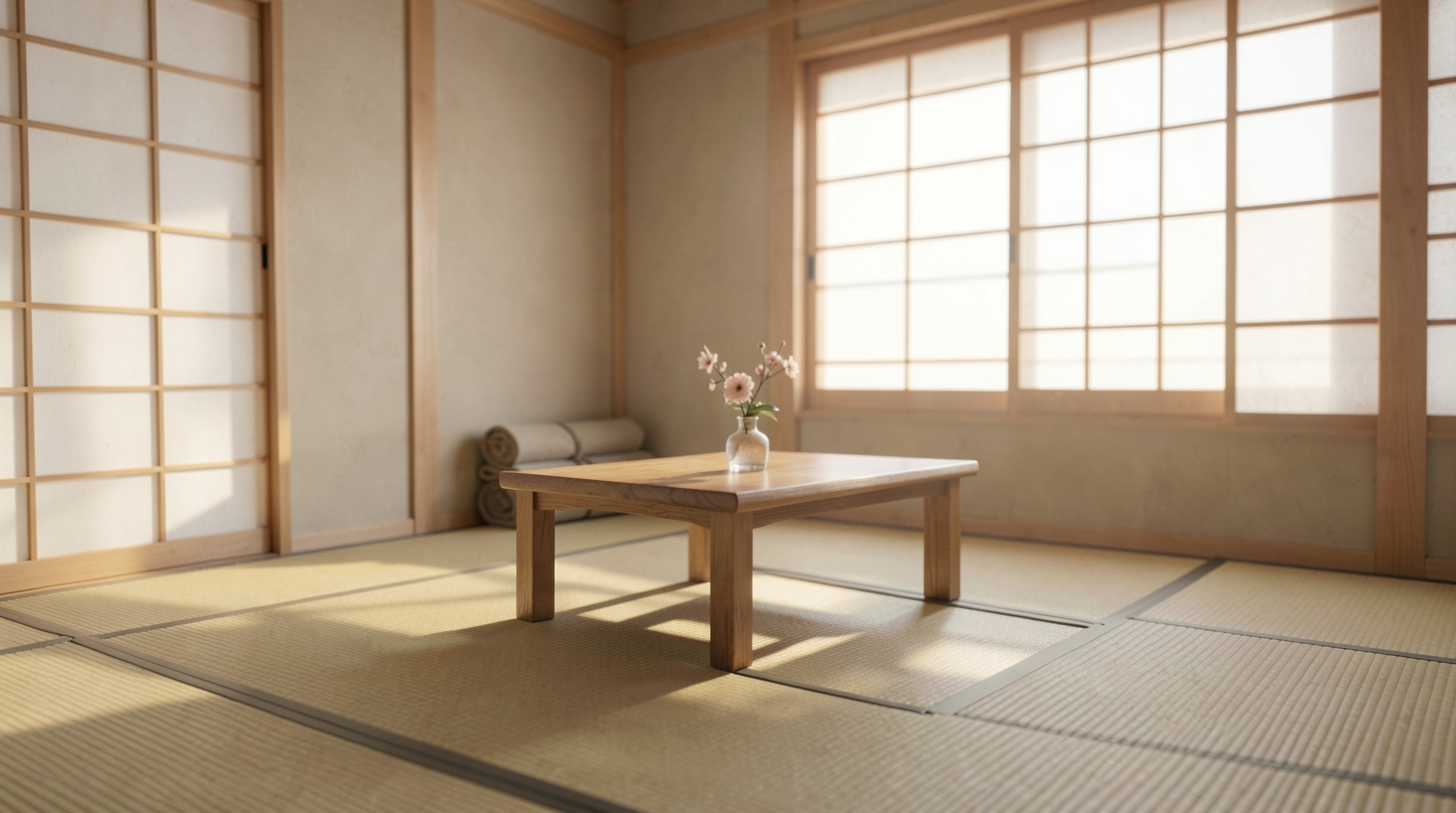 Traditional Japanese Room with Tatami Mats and Shoji Screens at Sunrise.