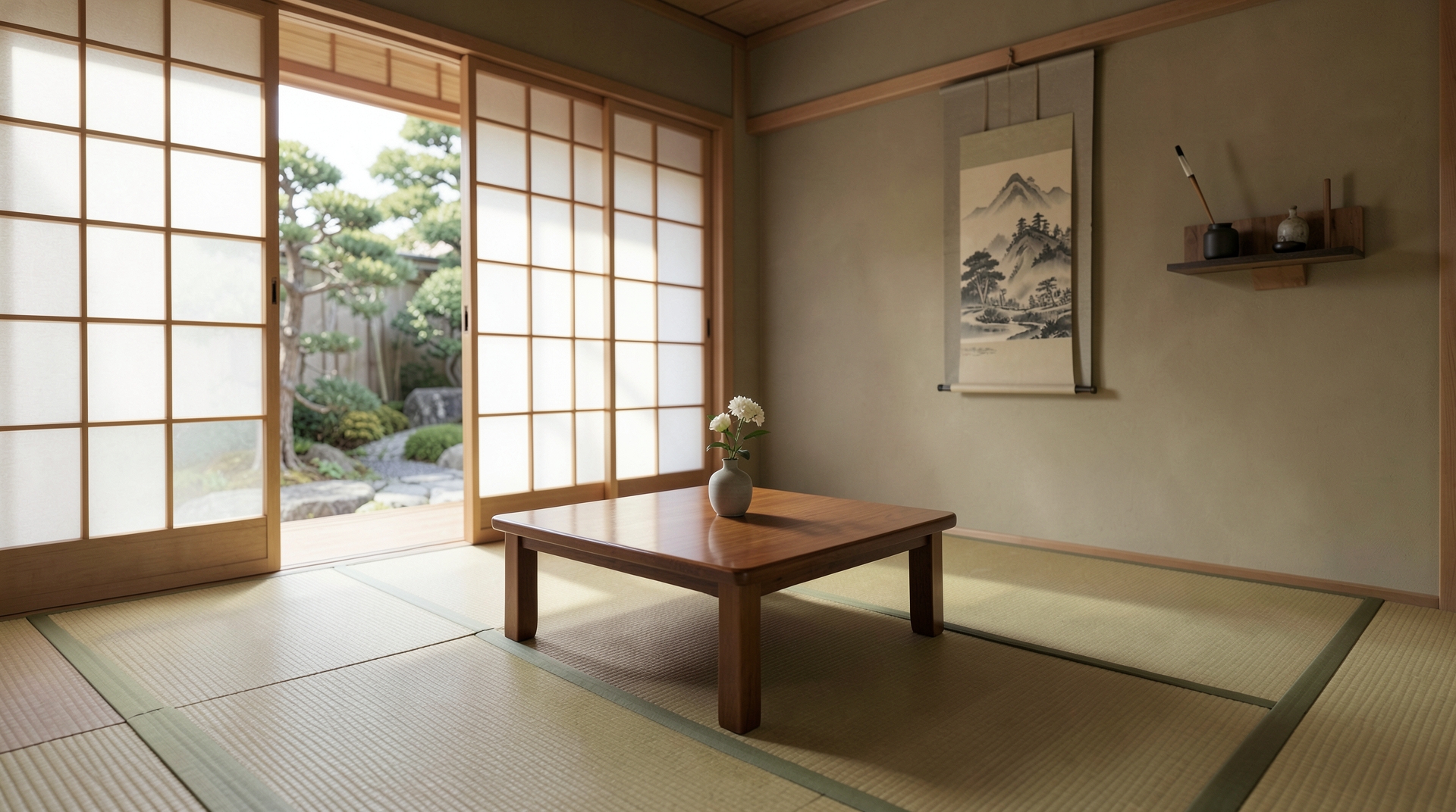 Traditional Japanese Room with Shoji Screens and Tatami Mats
