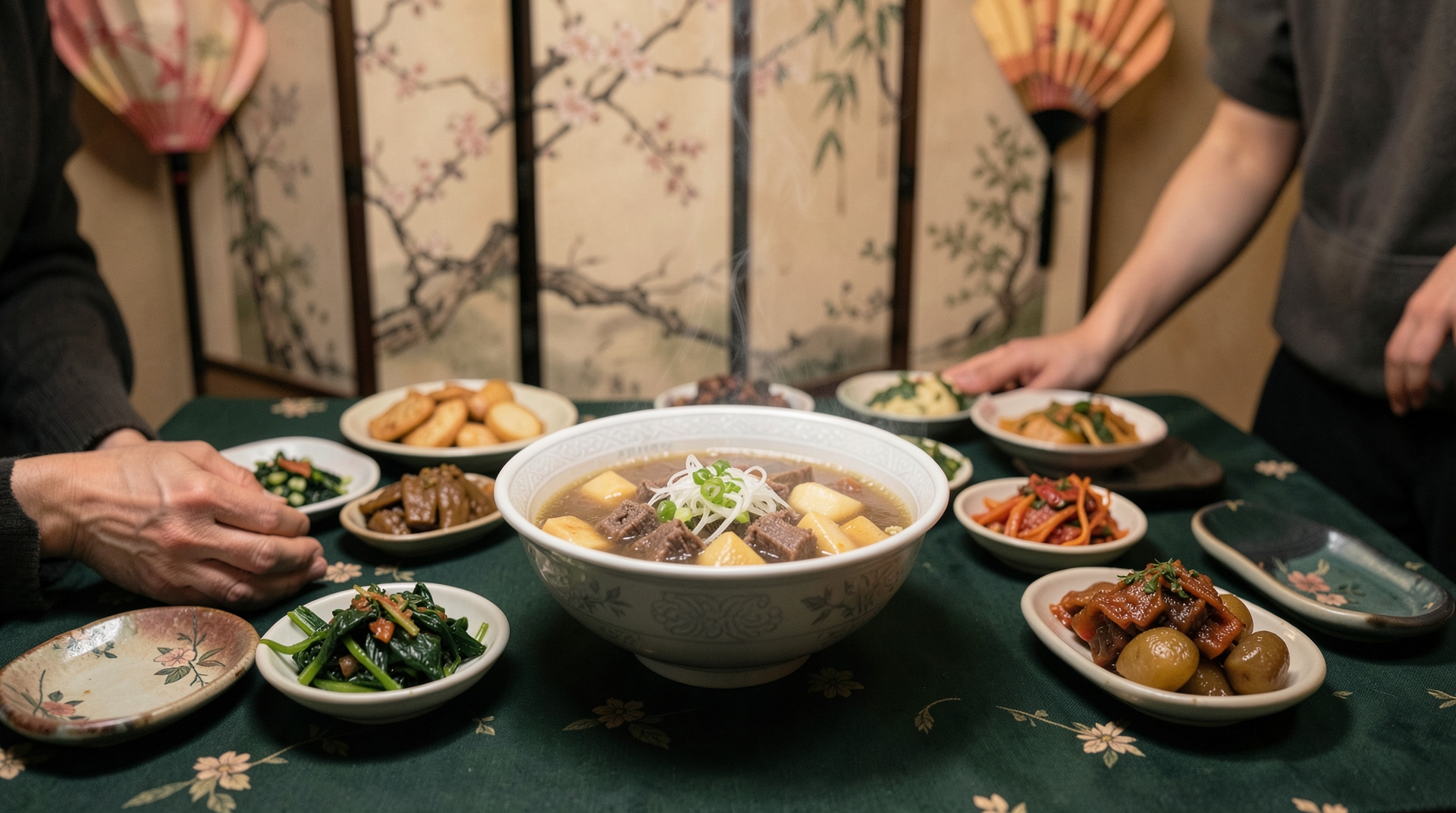 A steaming bowl of tteokguk, a traditional Korean New Year dish, with a warm and inviting atmosphere.