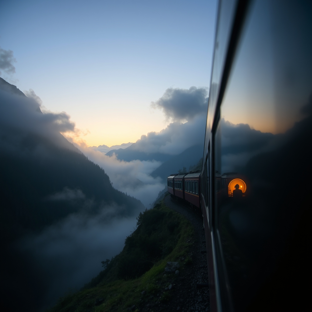 Train Enters Tunnel at Sunset, Warm Light, Misty Mountains