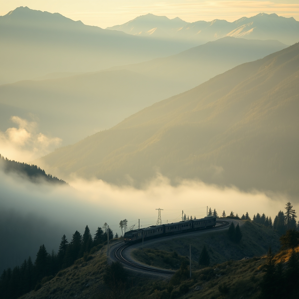 Train Winding Through Misty Mountains with Warm Light