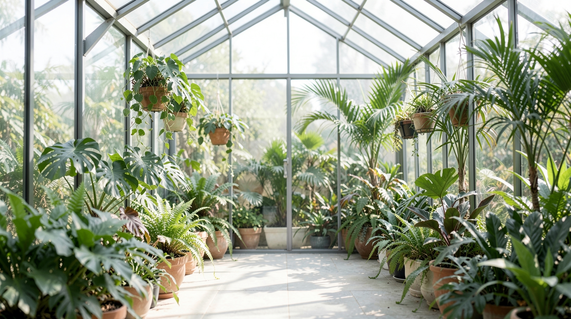 Serene greenhouse with lush tropical plants, natural light, and a minimalist composition.