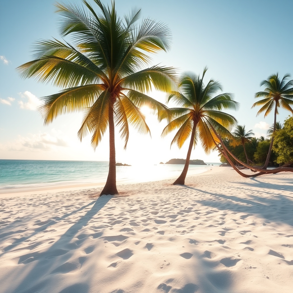 Serene tropical beach with turquoise water, palm trees, and soft white sand under warm sunlight