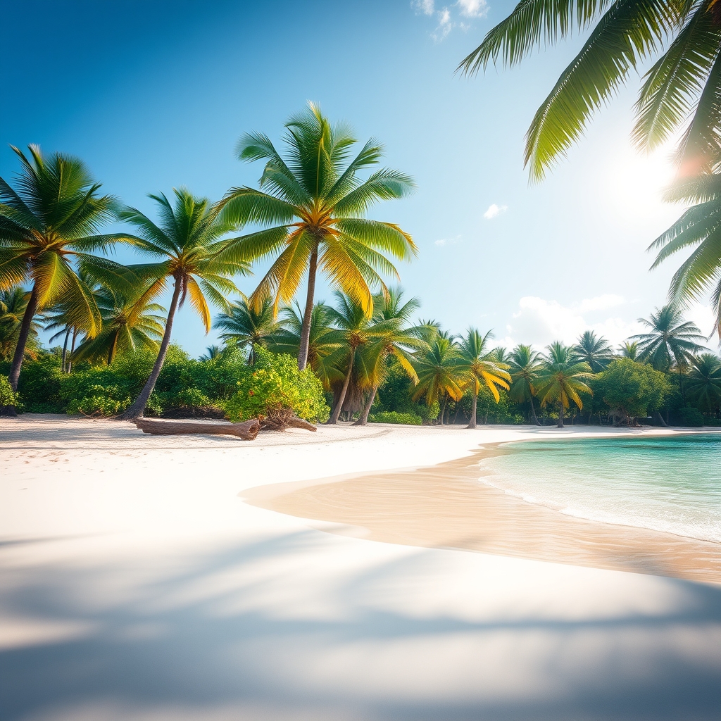 A tropical beach with turquoise water and palm trees under warm sunlight.