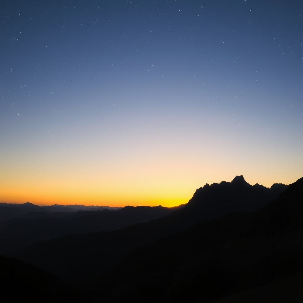 A mountain landscape at dusk, with twinkling stars and golden hour lighting.