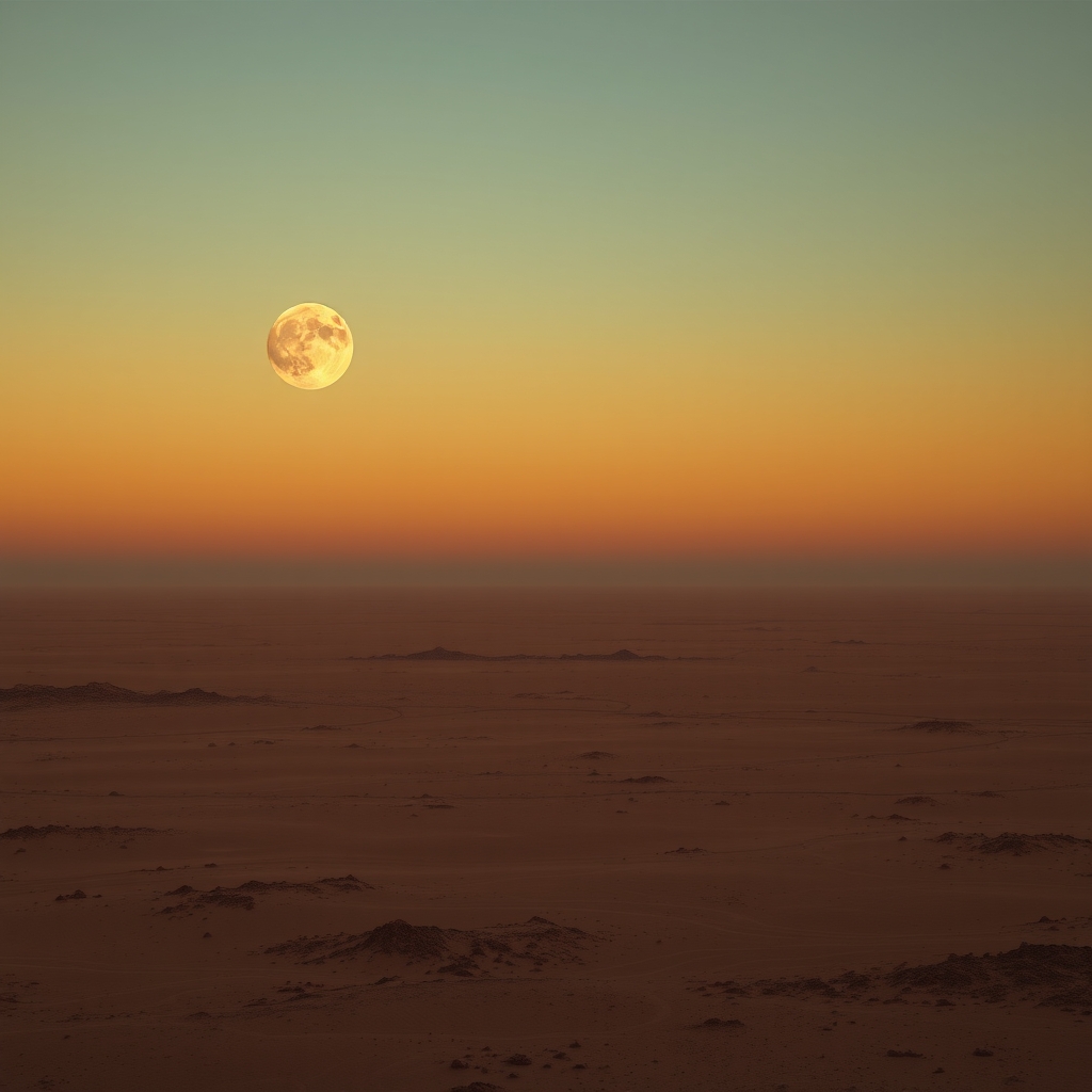 A barren alien landscape with two moons and warm sunset lighting.
