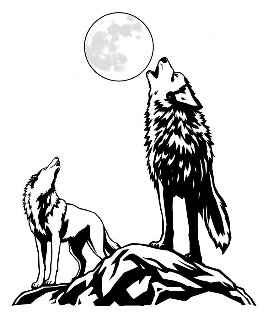 Two wolves howling at the moon under a starry night sky.
