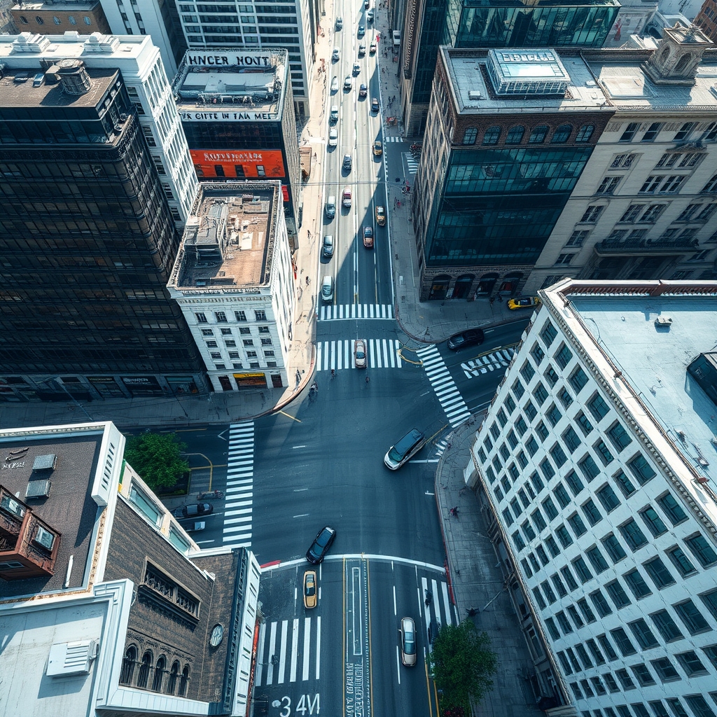 Bird's eye view of a city intersection with cars and buildings.