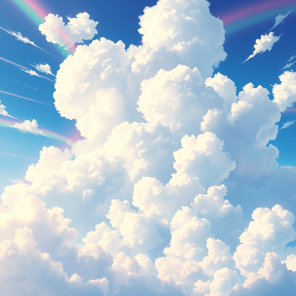 Vibrant anime-style sky with fluffy clouds and empty space