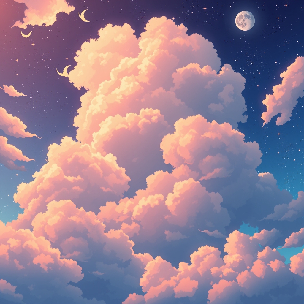 Vibrant anime-style sky with fluffy clouds and warm lighting