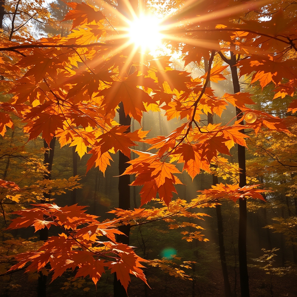 Vibrant autumn leaves under warm sunlight in a forest