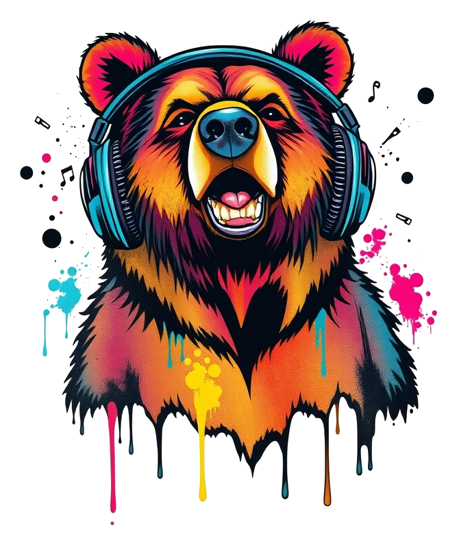 A colorful illustration of a bear wearing headphones, set against a pure white background.
