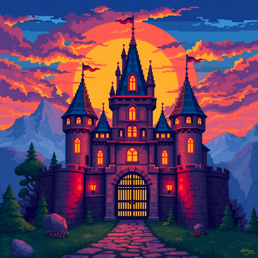 Stylized pixel art castle at sunset, vibrant colors, fantasy landscape. Close-up of castle gates at night