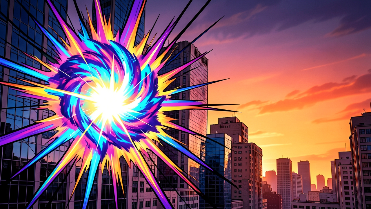 Vibrant comic book style action burst in a city background at sunset