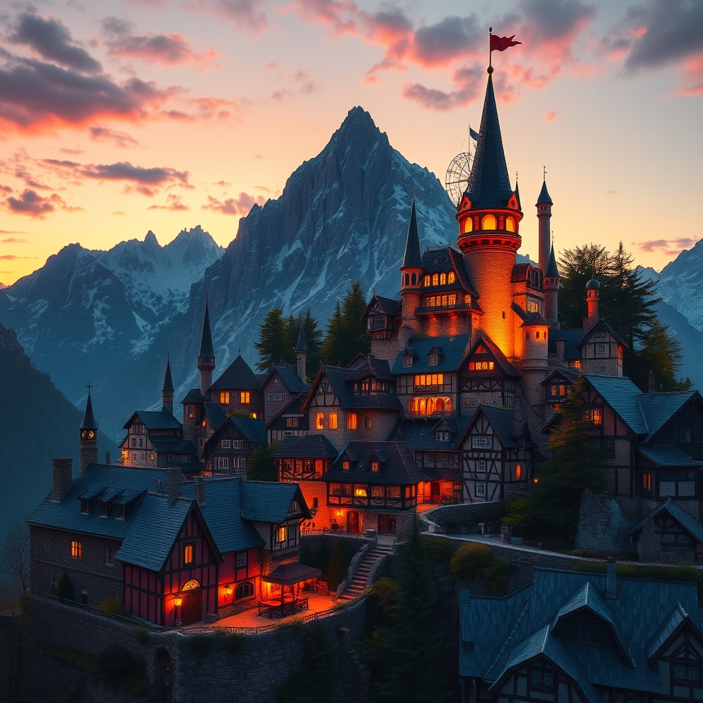 Fantasy village at sunset with warm lighting and vibrant style, mountain castle in the background.