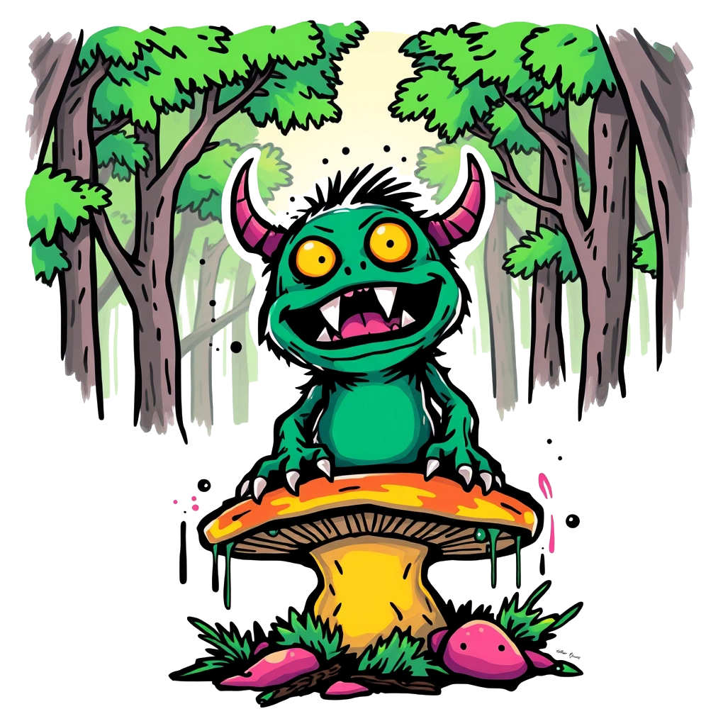 A cartoon monster with bright yellow eyes and sharp teeth sits on a large orange and yellow mushroom in a forest of green trees and pink mushrooms.