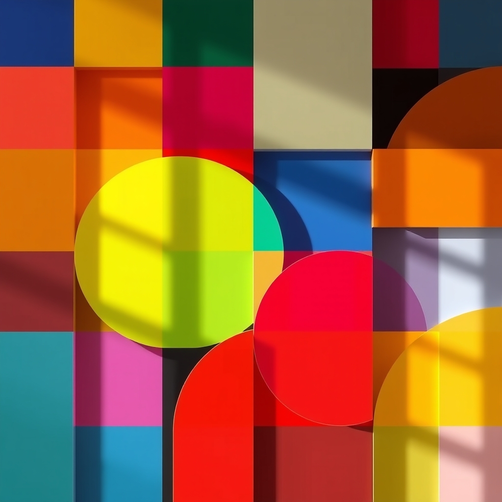 Abstract colorful shapes in a grid of vibrant colors.