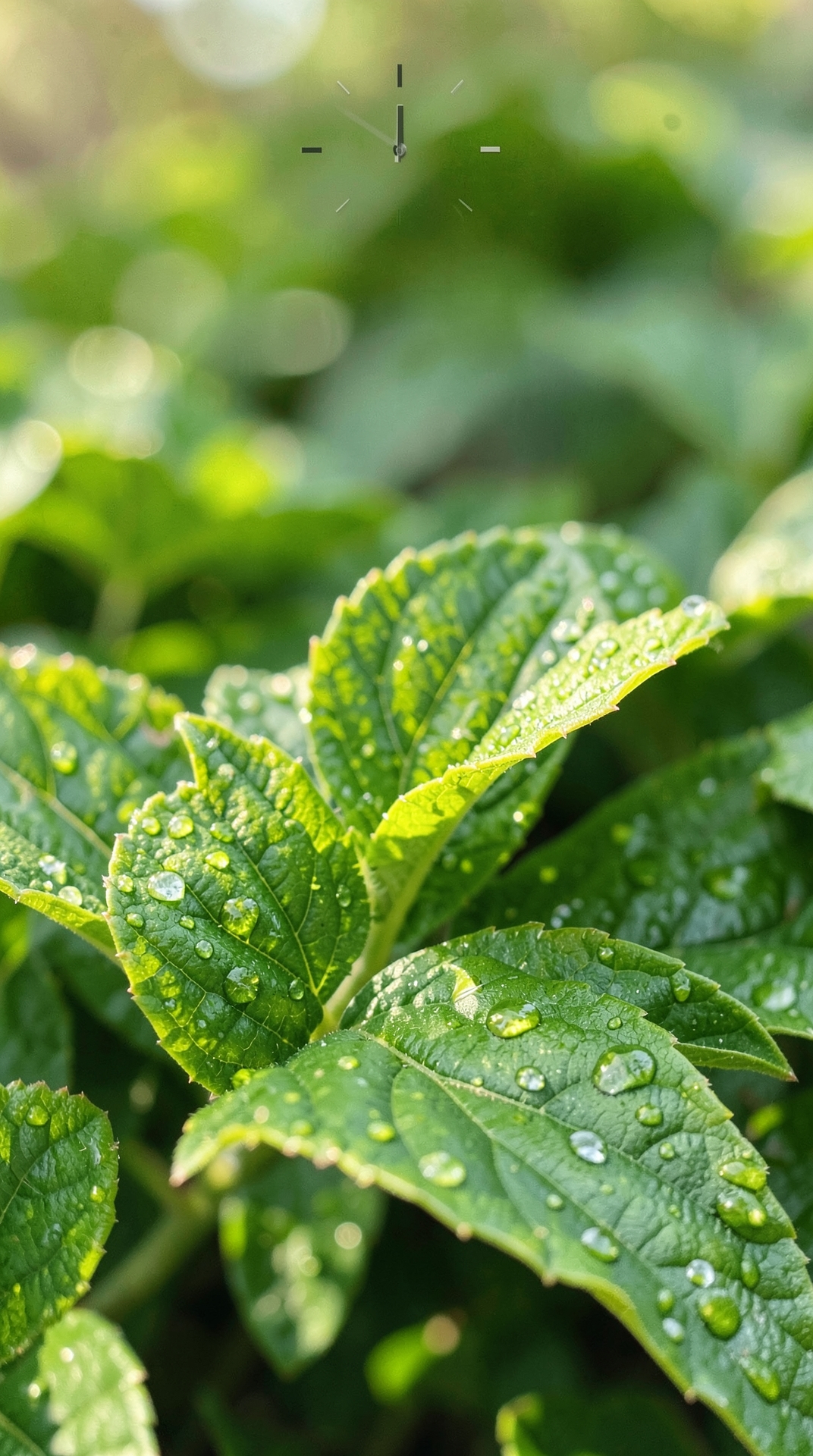 Vibrant Morning Dew on Fresh Green Leaves, Natural Light, Close-up Composition