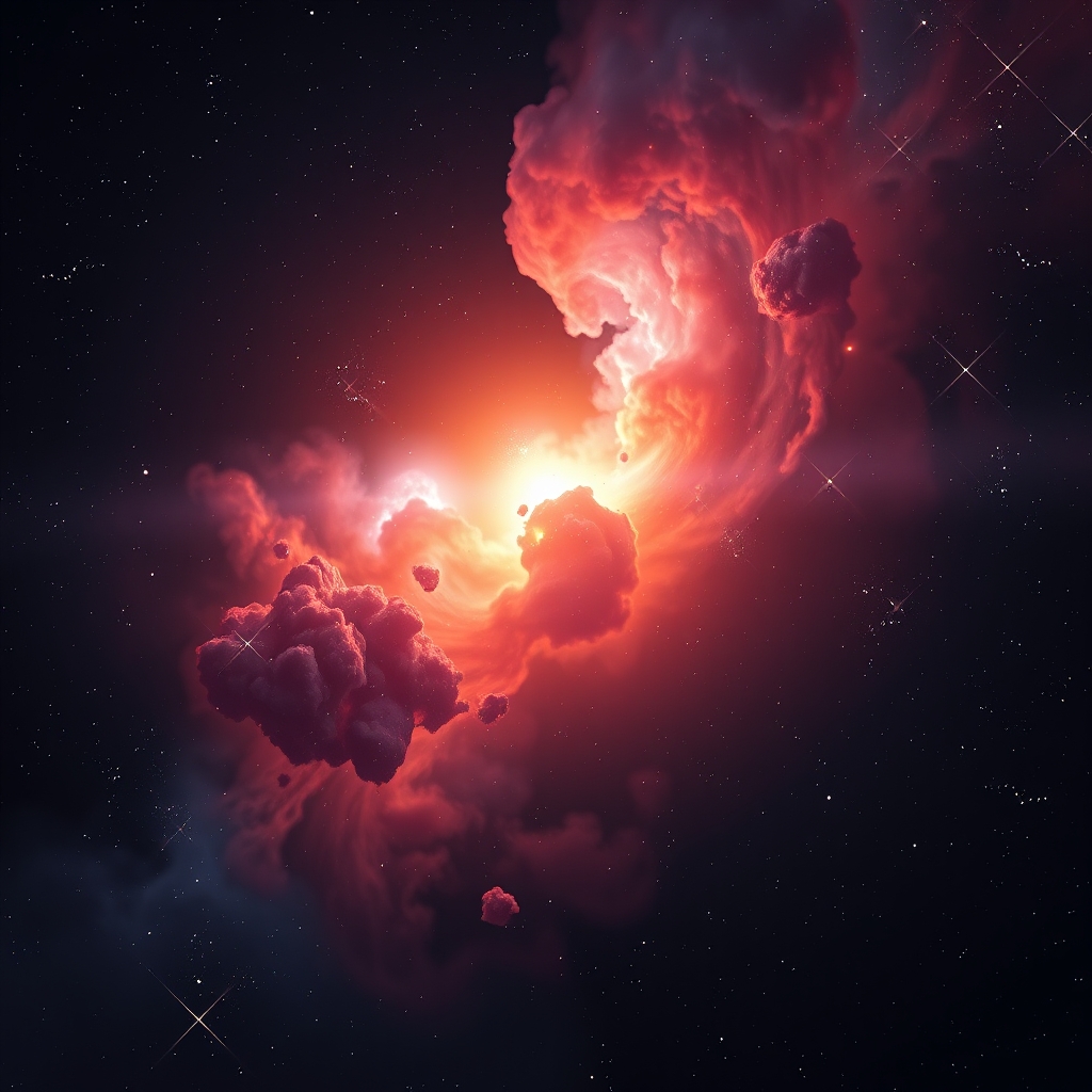 A vibrant nebula in deep space at sunrise, with a dark background and cinematic lighting.