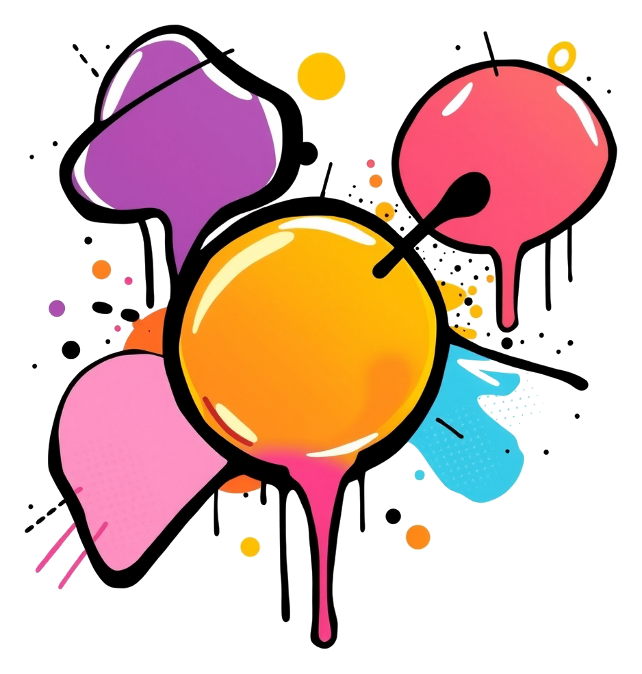A vibrant illustration of abstract shapes in bubble style on a white background.