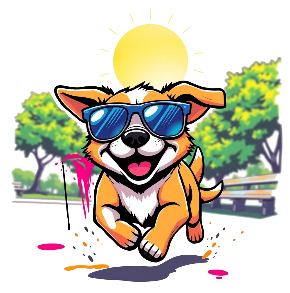 A cartoon dog with sunglasses running in a park, surrounded by colorful graffiti and spray paint.