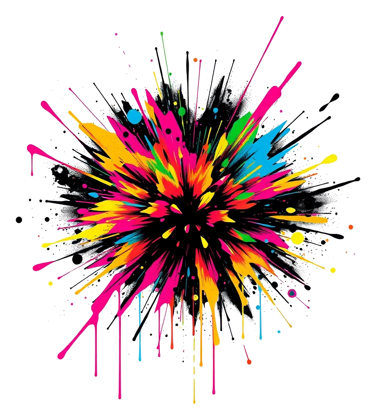 A colorful abstract explosion in a dark background with vibrant lighting and a single subject centered.