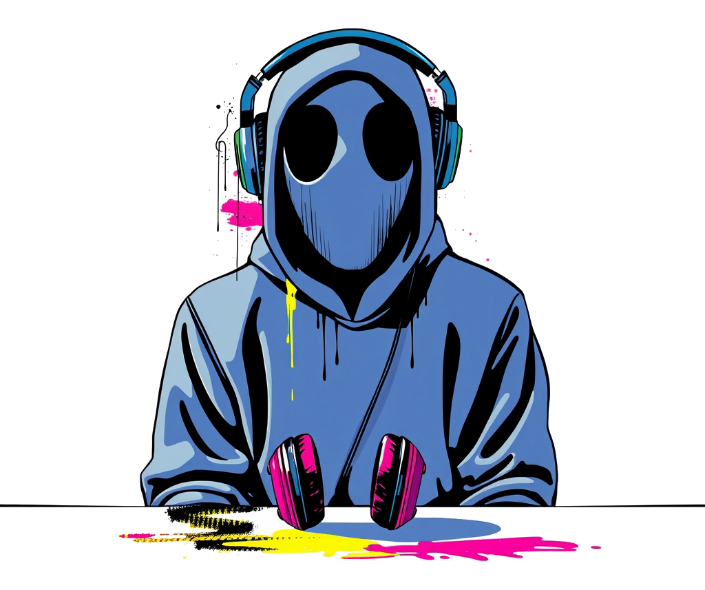 An anonymous person wearing neon pink and yellow headphones in a minimalist room with soft lighting.