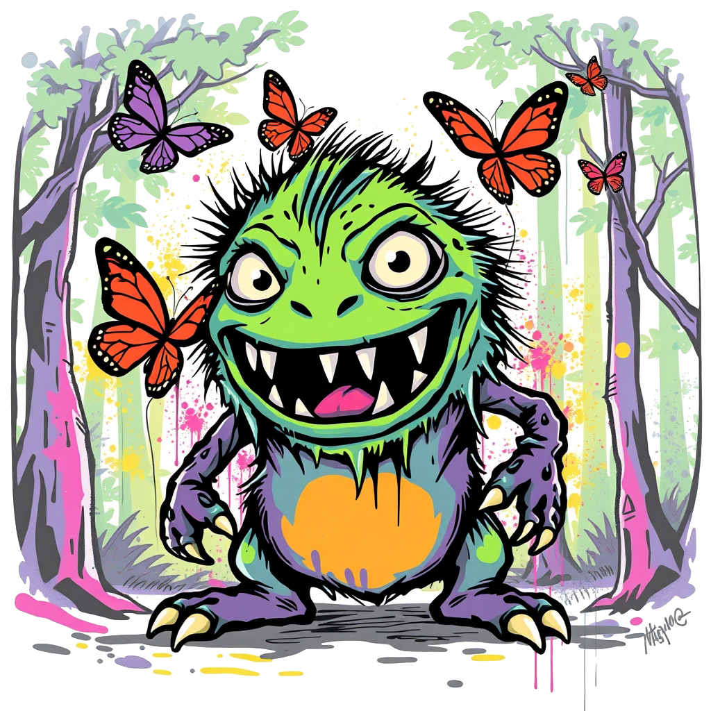 A cartoon monster with teeth in a bright forest, playing with butterflies.
