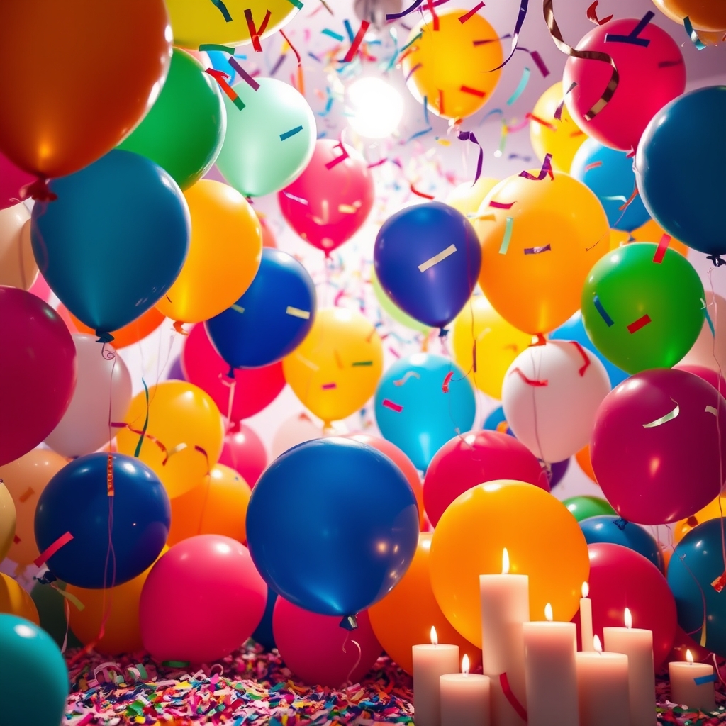 Colorful balloons and confetti in a bright room, with candles lit on the floor.