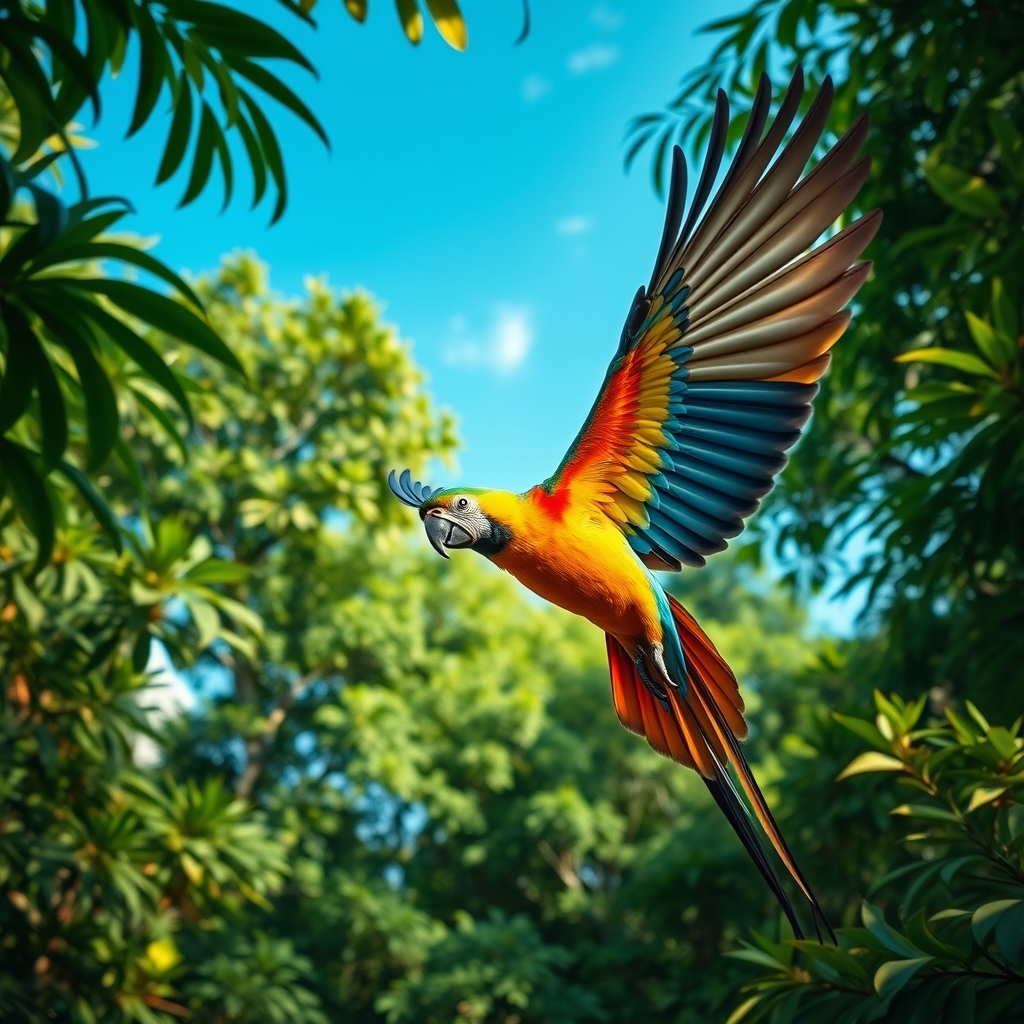 Vibrant parrot in a lush green forest