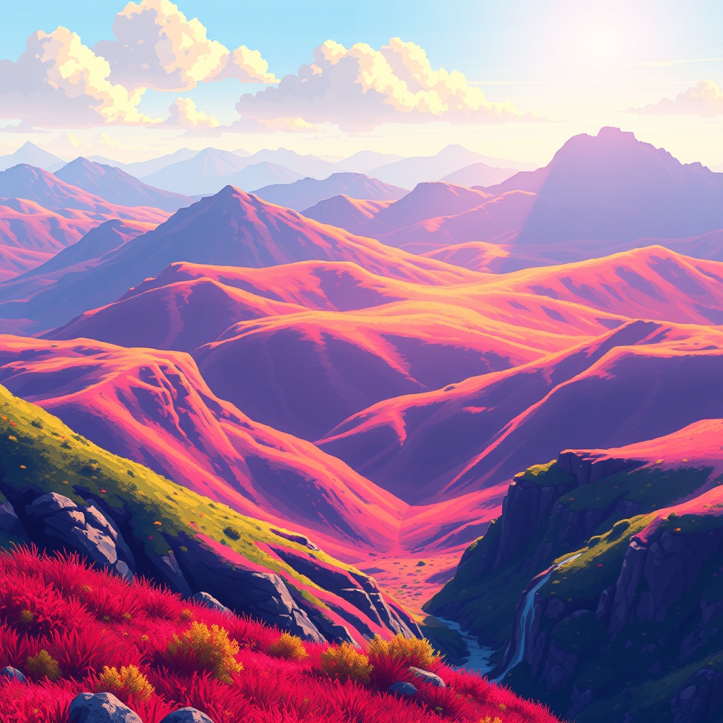 なだらかな丘と山々が広がる鮮やかなピクセルアートの風景
