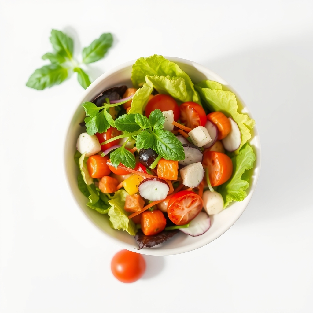 A colorful salad in a white bowl, featuring fresh greens and various ingredients.
