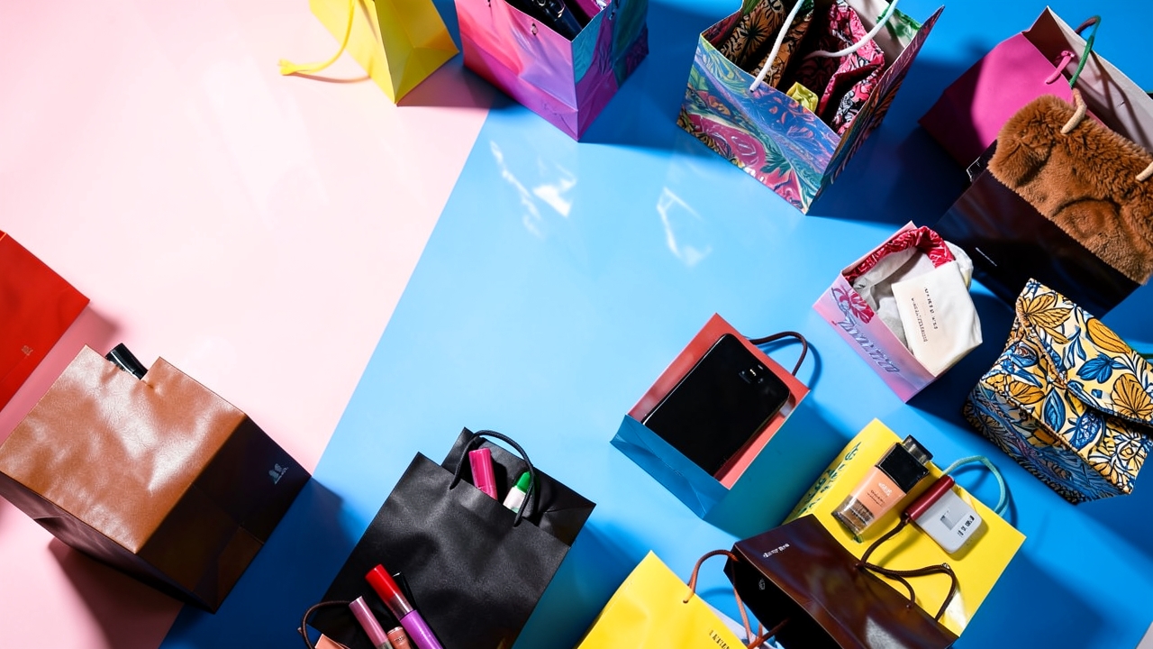 Shopping spree on a blue floor, pastel colors, dramatic lighting