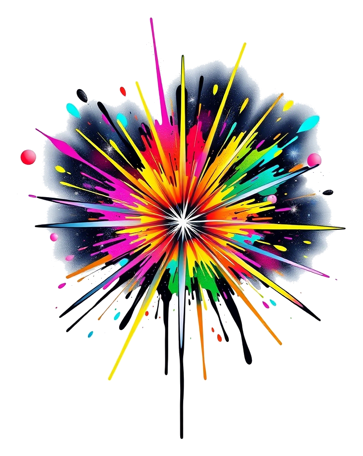 A vibrant starburst in space with neon lights and a dark background, featuring graffiti street art with thick black outlines and vibrant neon colors.