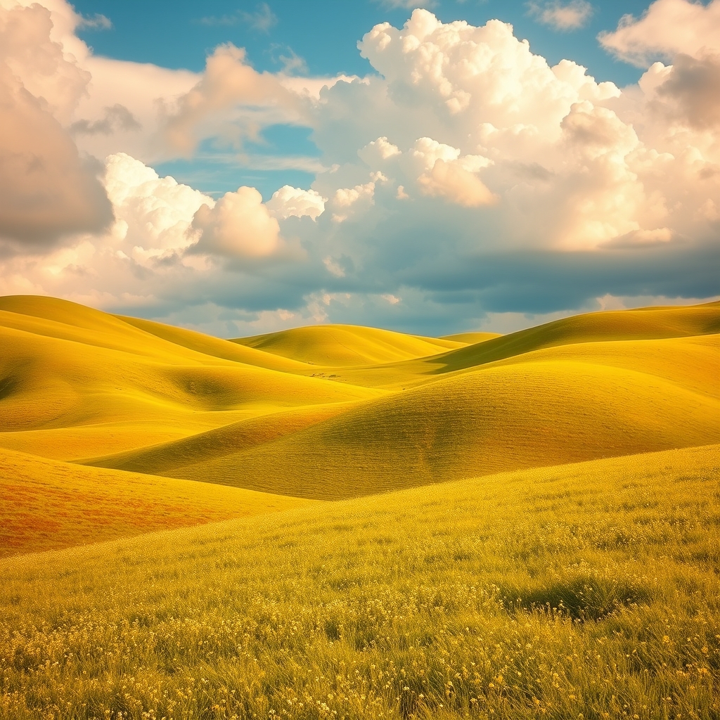 A sunny meadow with fluffy white clouds and rolling hills under a warm and inviting sky.